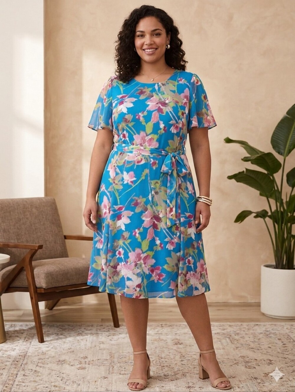 DKNY Blue Floral Tie-Waist Midi Dress Size 20W